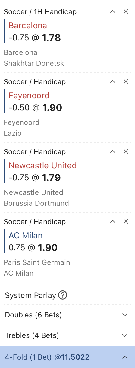 Kèo xiên may mắn 25/10: Newcastle -1/2 + Milan +3/4 + Barcelona -3/4 HT + Feyenoord -1/2